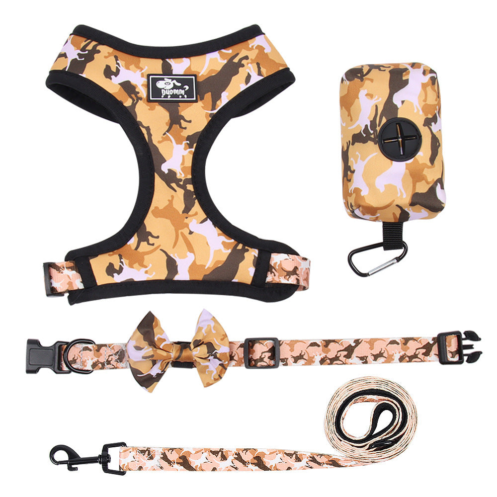 Printed chest harness set for dogs with adjustable straps and matching rope leash - durable pet supplies