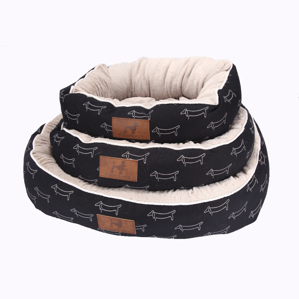 Round dog bed with removable, washable cover for easy cleaning.