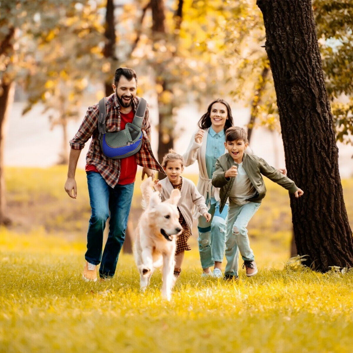 Dog Carrier Bag - Blue with Family playing with dog