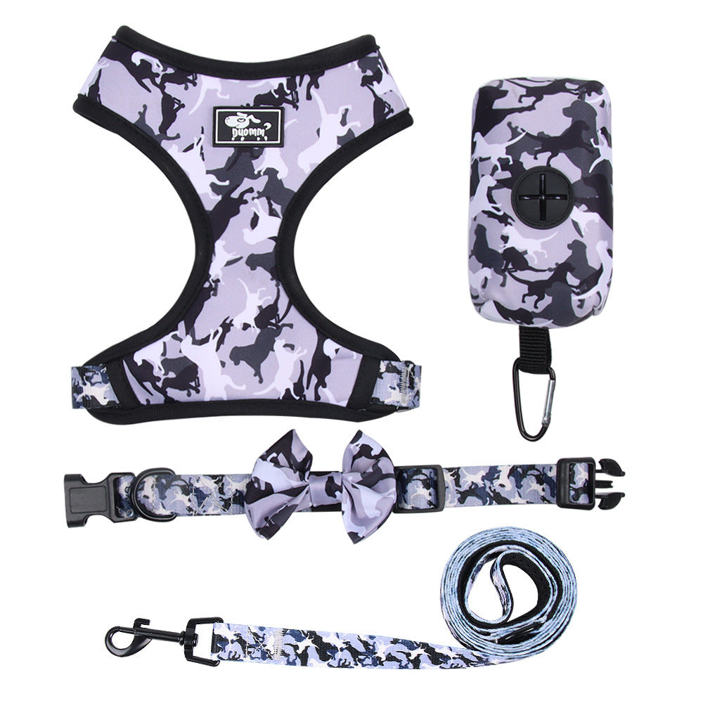 Printed chest harness set for dogs with adjustable straps and matching rope leash - durable pet supplies