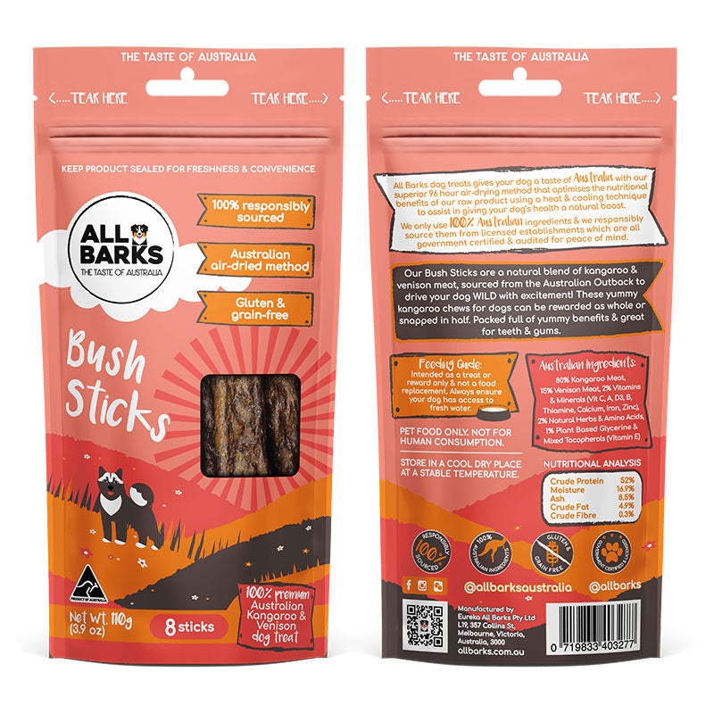 Packaging image of kangaroo dog treats - Bush Sticks - All Barks