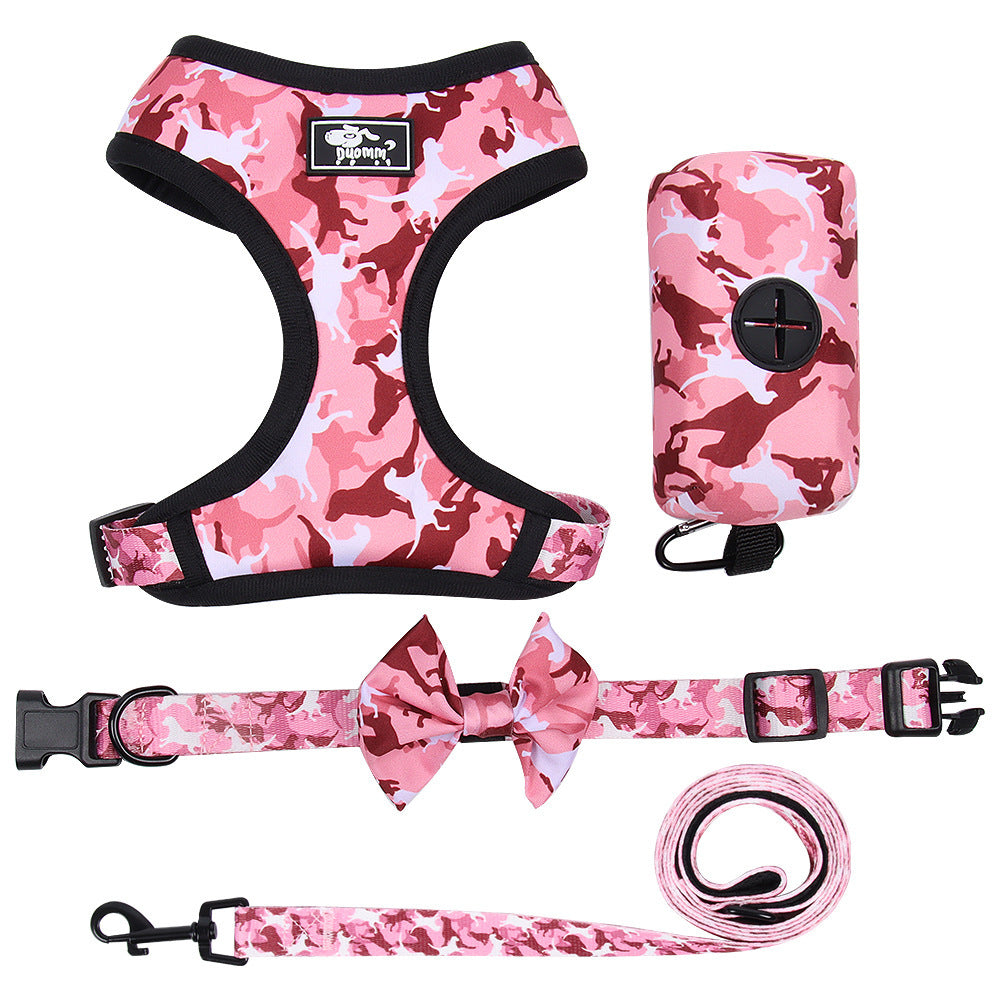 Printed chest harness set for dogs with adjustable straps and matching rope leash - durable pet supplies