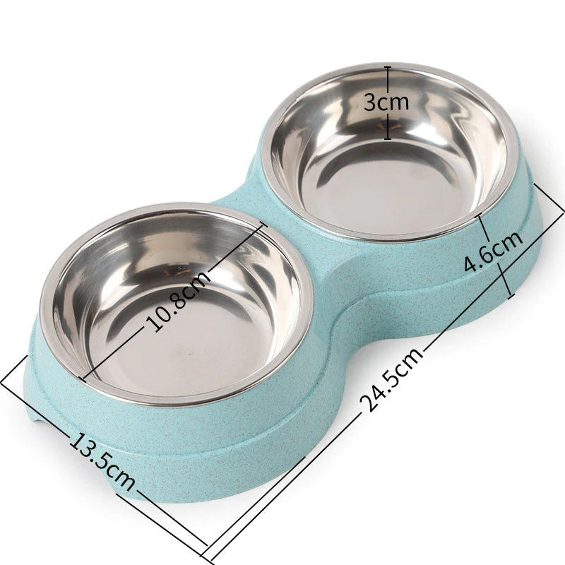 Double Pet Bowls - Blue with Dimensions