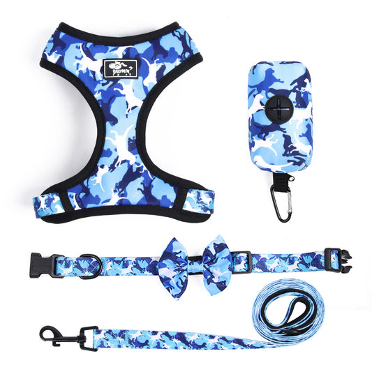 Printed chest harness set for dogs with adjustable straps and matching rope leash - durable pet supplies